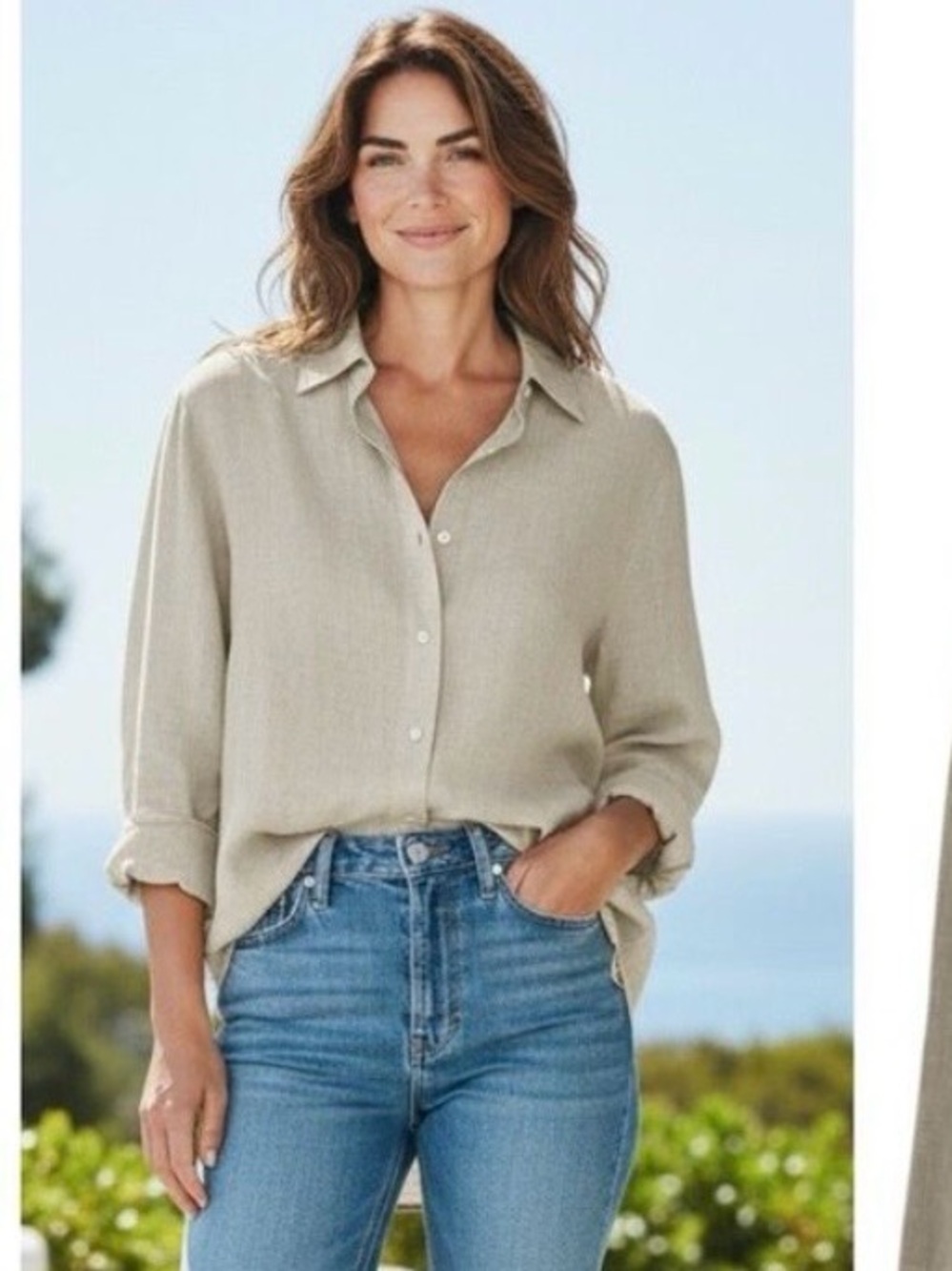 vintage Liz Claiborne Linen Tunic Top L Neutral Shirt Minimalist Coastal Capsule